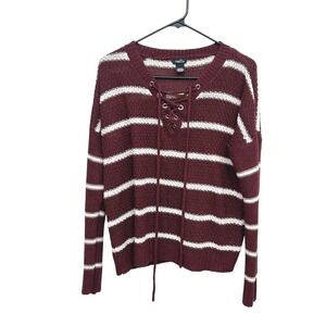 Rue21 Burgundy White Striped Lace Up Knit‎ Sweater M Boho Casual Chic Grunge